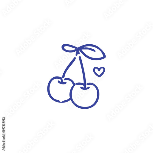 Cute hand drawn doodle of a pair of cherries with a small heart icon.