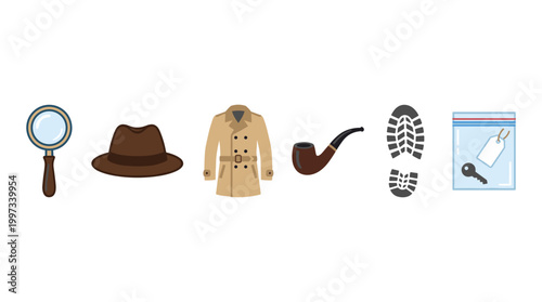 vector A detective investigation icons set featuring a magnifying glass hat coat pipe footprint and evidence bag on transparent background