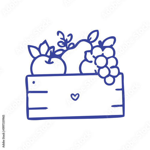 Hand drawn illustration of a wooden crate filled with fresh fruits.