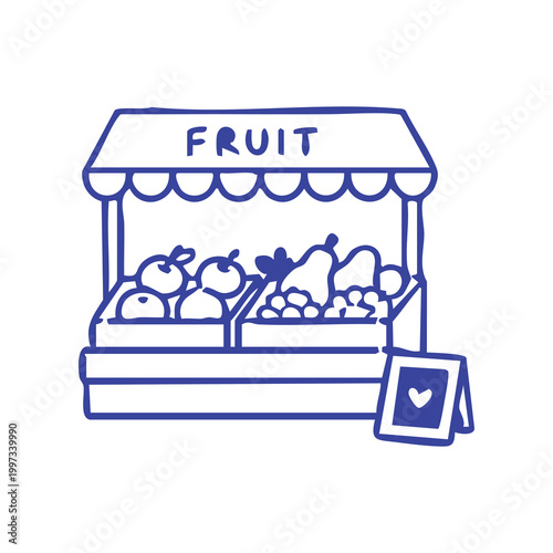 Hand drawn doodle illustration of a fruit stand with fresh produce.