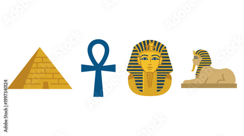 vector Iconic ancient Egyptian symbols featuring a pyramid, an ankh, a pharaoh mask, and a sphinx.