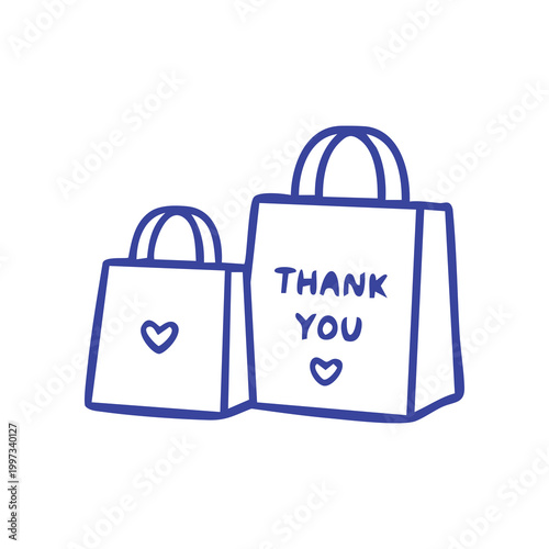 Doodle style illustration of two shopping bags with hearts and text.