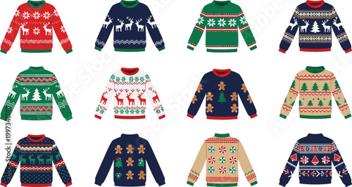 Ugly Christmas Sweater Collection with Festive Patterns Reindeer Snowflakes Gingerbread Holiday Winter Clothing Flat Vector Illustration