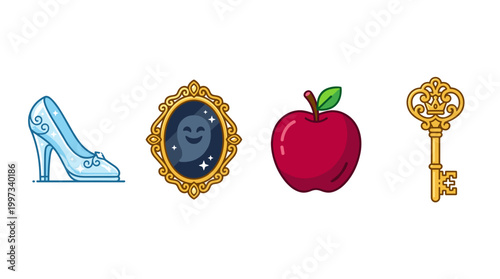 vector Iconic fairytale objects, including a glass slipper, a magic mirror with a face, an apple, and a golden key.