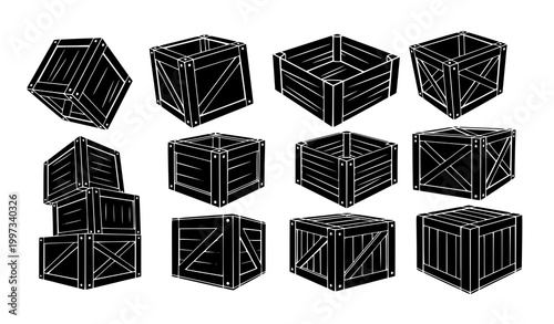 Stylized wooden crate silhouettes with rustic storage and shipping box designs vector