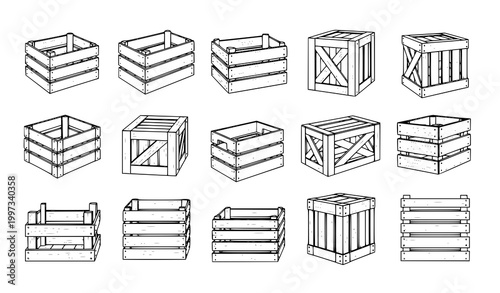 Wooden crate outline icon collection with storage and shipping boxes editable stroke vector