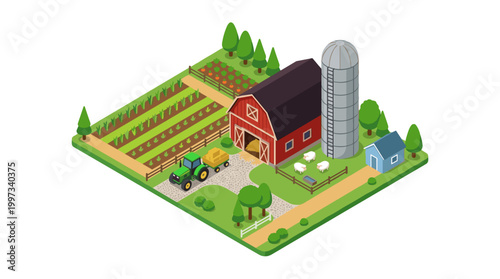 vector A stylized isometric illustration depicting a tranquil farm scene with a red barn at dusk.