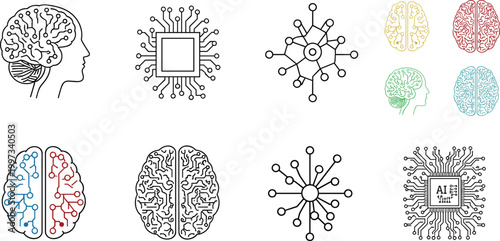 Artificial intelligence brain and technology vector set with circuit chip neural network human mind colorful outline AI digital innovation icon collection