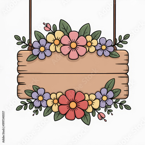 Charming wooden sign adorned with colorful spring flowers and green leaves
