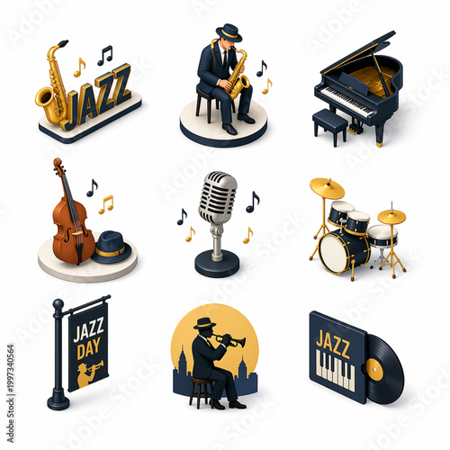 Set of 9 isometric icons celebrating International Jazz Day and music