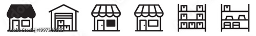 store and shop building icons with storefront facades, outline vector illustration isolated on transparent background