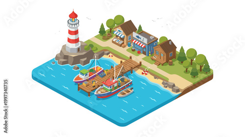 vector A picturesque isometric seaside town with a lighthouse, vibrant shops, and fishing boats along the shore.