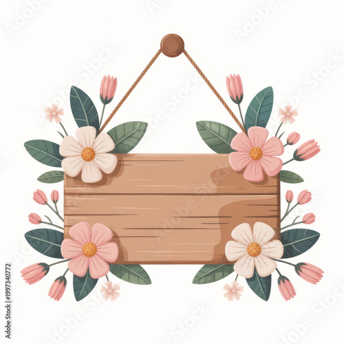 Charming wooden sign adorned with delicate pink and white flowers and green leaves