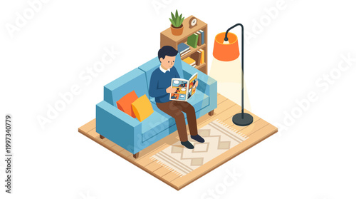 vector A man comfortably reading a magazine on a blue sofa in a cozy, modern isometric living room.