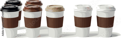 Collection of Coffee Cups with Various Lids and Sleeves for Beverage, Takeout, and Café Design Projects
