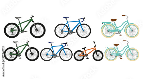 vector An organized collection of six diverse bicycles showcasing mountain, road, BMX, and cruiser styles.
