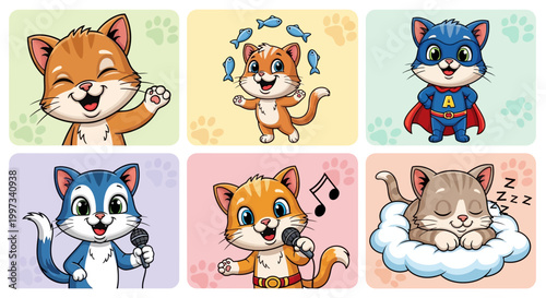 Cute Cartoon Cats Collection: Happy, Superhero, Singer, Juggler, Sleeping