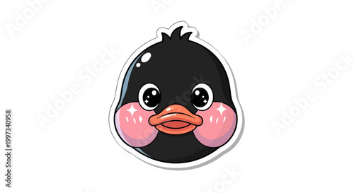 Cute cartoon black duckling face with pink blush cheeks and big eyes, isolated on white background