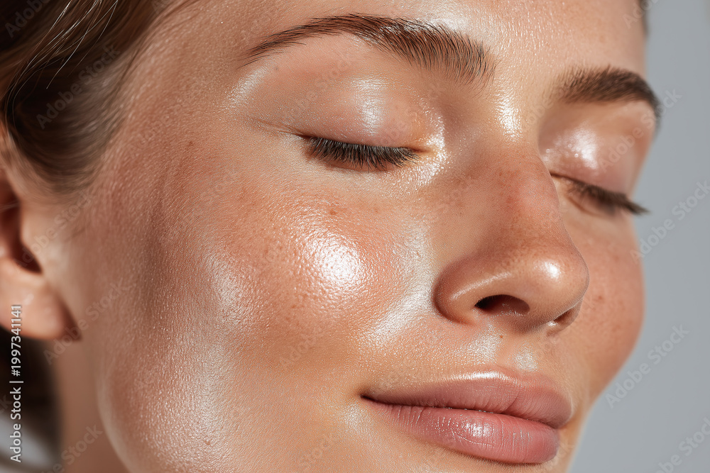 Fototapeta premium Radiant hydrated skin close up glowing cheek with soft reflected light and relaxed expression