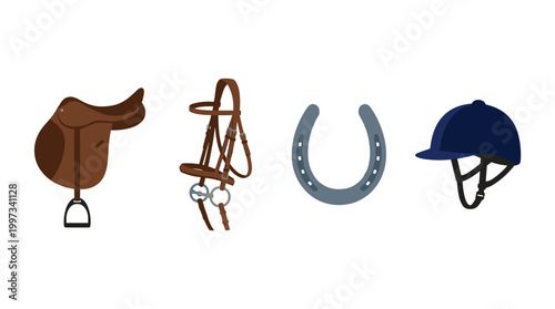 vector A collection of essential equestrian equipment including a saddle, bridle, horseshoe, and riding helmet.