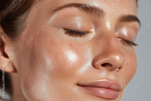 Radiant hydrated skin close up glowing cheek with soft reflected light and relaxed expression