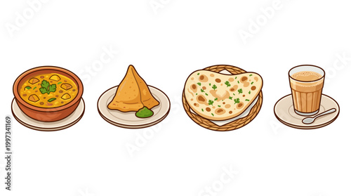 vector A vibrant selection of traditional Indian dishes, featuring dal, a samosa, naan bread, and chai tea.