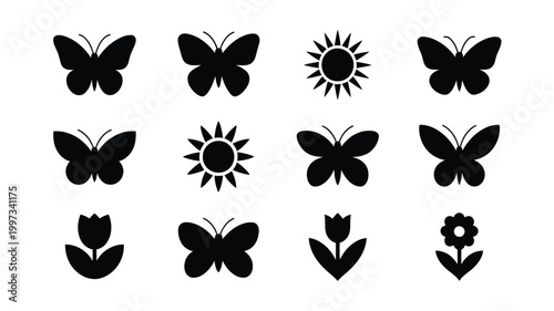 Collection of minimalist vector icons featuring butterflies flowers and suns in black silhouette on white background
