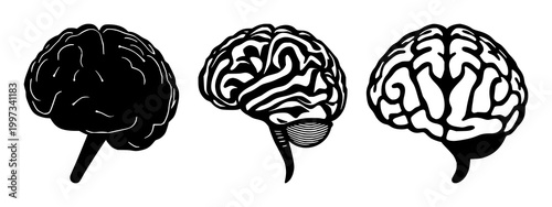Artificial intelligence brain icon set with solid black silhouette against white background featuring circuit lines, neural network, technology illustration with digital and schematic