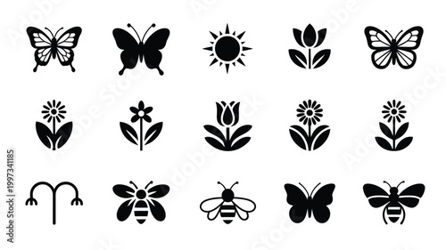 Black silhouettes of butterflies bees flowers and sun on white background vector illustration set