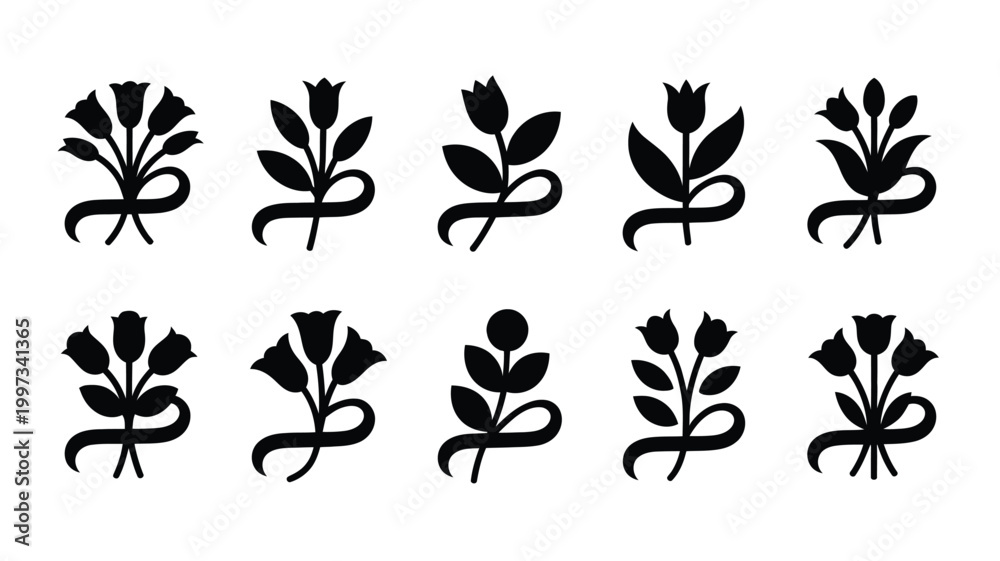 Fototapeta premium Set of minimalist black floral icons with twisted stems and leaves on white background for design and decoration purposes