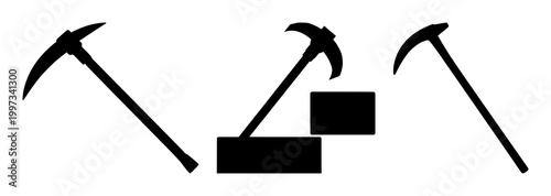 Data mining pickaxe icon set with solid black illustration on white background featuring data mining, technology, binary art with digital and binary code