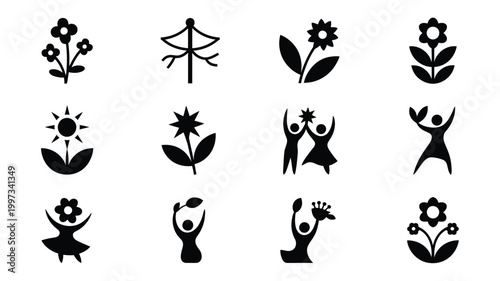 Minimalist logo silhouettes of people dancing with flowers and leaves on white background