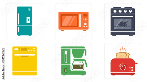 vector Essential flat design kitchen appliances including a refrigerator, microwave, oven, dishwasher, coffee maker, and toaster.