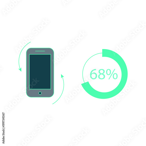 Smartphone with circular progress chart showing recycling percentage in sustainability and e-waste concept