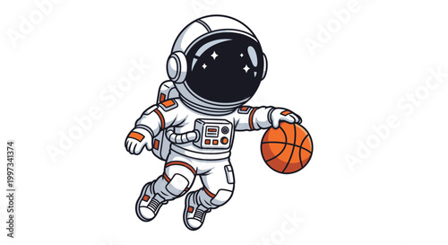 Astronaut playing basketball in space, illustration, isolated on white background, for sports and exploration themes