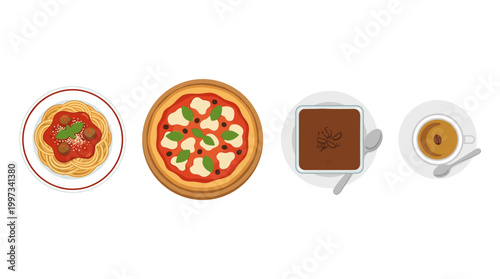 vector A delightful top-down view of popular Italian dishes: spaghetti, pizza Margherita, tiramisu, and espresso.