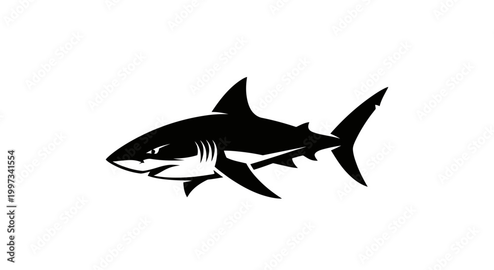 Obraz premium Modern minimalist shark logo in black and white, featuring a bold and dynamic stylized design with clean lines and smooth curves. Isolated on a soft gray gradient background with subtle shadow, this p