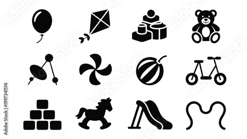 Collection of black icons featuring toys and objects for children including a balloon kite teddy bear and playground equipment on a white background