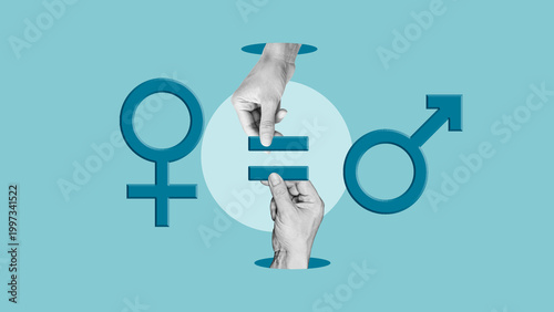 Gender equality and equal rights concept with male and female symbols and equals sign, human hands balancing equality, social justice, feminism, diversity and inclusion in modern society