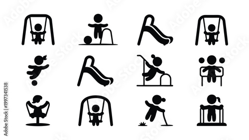 Vector graphic bundle featuring various stick people engaging in playground activities on swings and slides