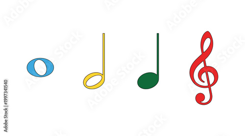 vector A sequence of musical notes, including a whole note, eighth note, quarter note, and treble clef, are shown.