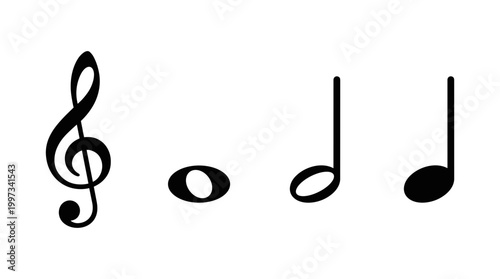 vector A black and white illustration of a treble clef, a whole note, and two eighth notes on a white background.