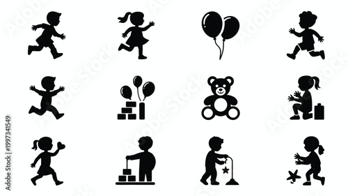 Collection of minimalist black silhouettes depicting children playing with toys and objects
