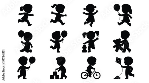 Collection of 12 minimalist black silhouettes of children playing running cycling and flying kites in various fun activities