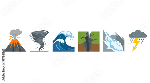 vector Icons depicting natural disasters like a volcano, tornado, tsunami, earthquake, and thunderstorm are illustrated.
