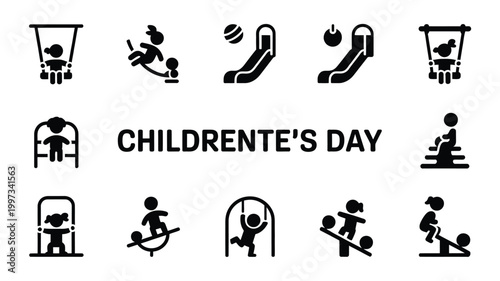 Children's day icons featuring kids playing on slides swings and climbing structures in a park