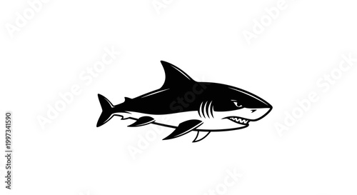 Modern minimalist shark logo in black and white, featuring a bold and dynamic stylized design with clean lines and smooth curves. Isolated on a soft gray gradient background with subtle shadow, this p