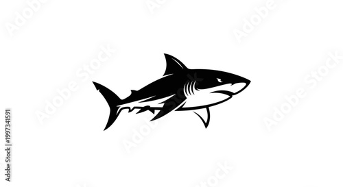 Modern minimalist shark logo in black and white, featuring a bold and dynamic stylized design with clean lines and smooth curves. Isolated on a soft gray gradient background with subtle shadow, this p