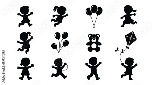 Collection of minimalist silhouettes featuring children playing with balloons and toys on white background