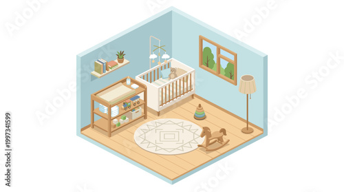 vector An isometric view of a serene baby room featuring a crib, changing table, and a rocking horse by the window.